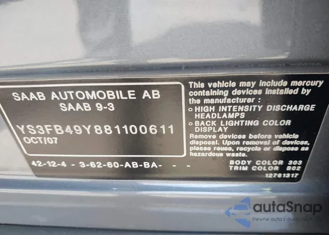 2008 Saab 9-3 2.0T from USA, damaged, VIN YS3FB49Y881100611